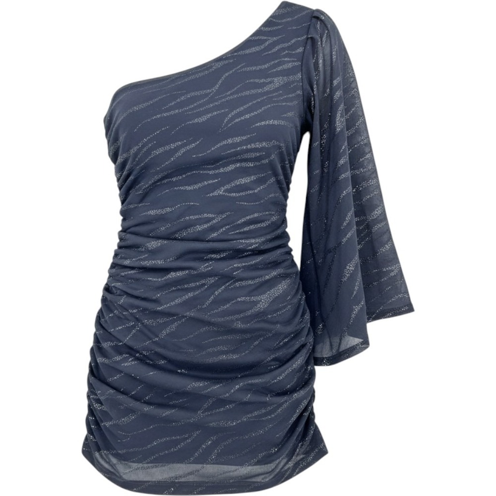Teeze Me Womens One Shoulder Ruched Bodycon Dress Gray Silver Glitter Stripe M